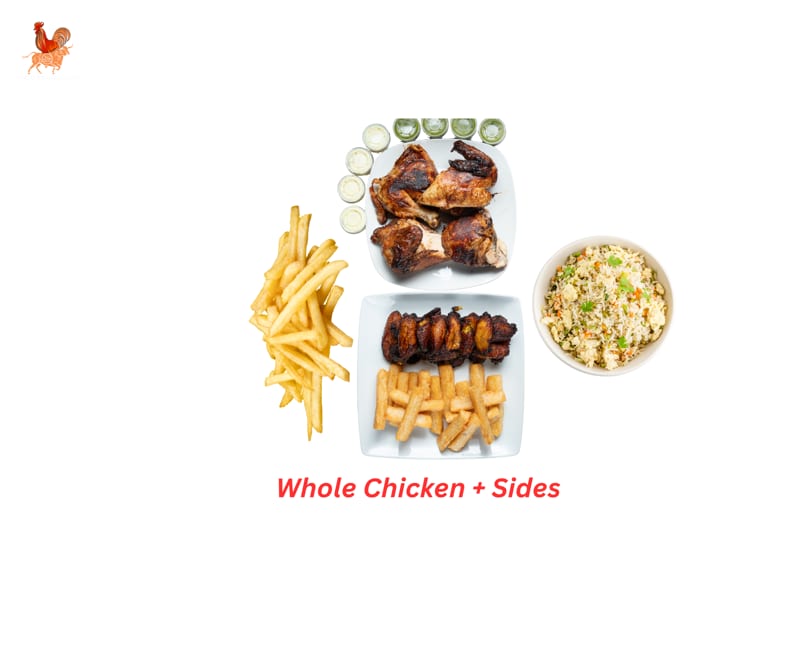 Tandoori Pollo a la Brasa's whole chicken, chicken wings, french fries, fried rice, and sauces.